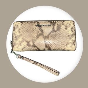 Michael Kors Beige Snake Print Zipper Around Wallet